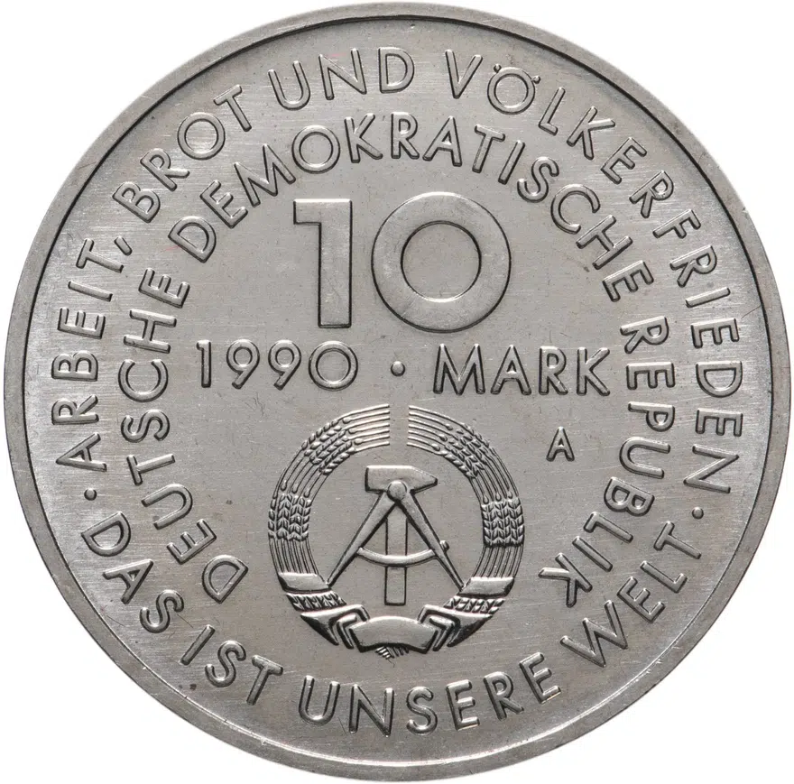 Германия (ГДР) 10 марок (mark) 1990 "100 лет Дню международной солидарности трудящихся", реверс