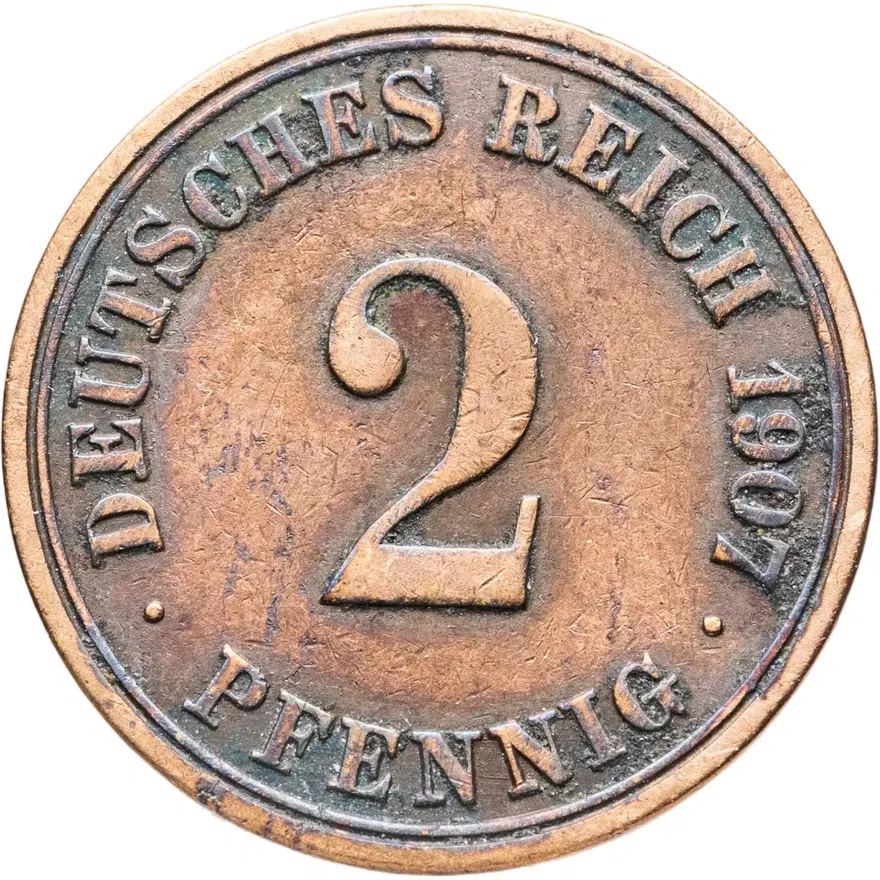Германия 2 пфеннига (pfennig) 1907 A  знак монетного двора: "A" - Берлин, аверс