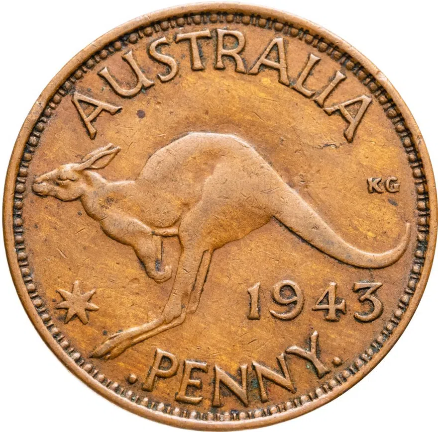 Австралия 1 пенни (penny) 1943 "I" ниже бюста, точки перед и после "PENNY", аверс