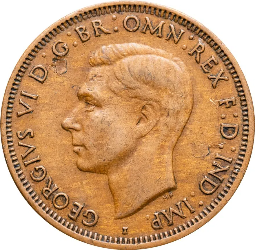 Австралия 1 пенни (penny) 1943 "I" ниже бюста, точки перед и после "PENNY", реверс