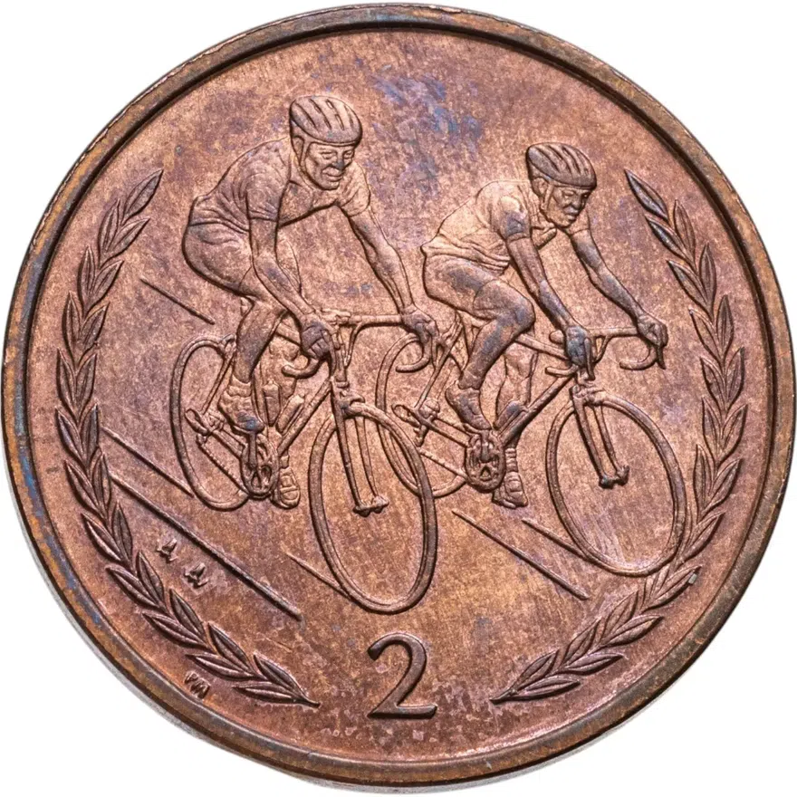 Остров Мэн 2 пенса (pence) 1998 "Велосипедисты", реверс