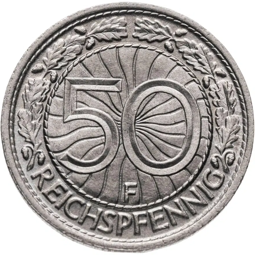 Германия 50 рейхспфеннигов (reichspfennig) 1927 F  знак монетного двора "F" — Штутгарт