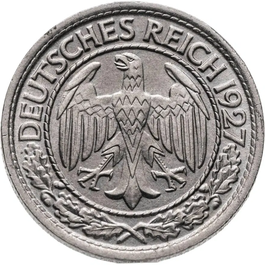 Германия 50 рейхспфеннигов (reichspfennig) 1927 F  знак монетного двора "F" — Штутгарт, реверс