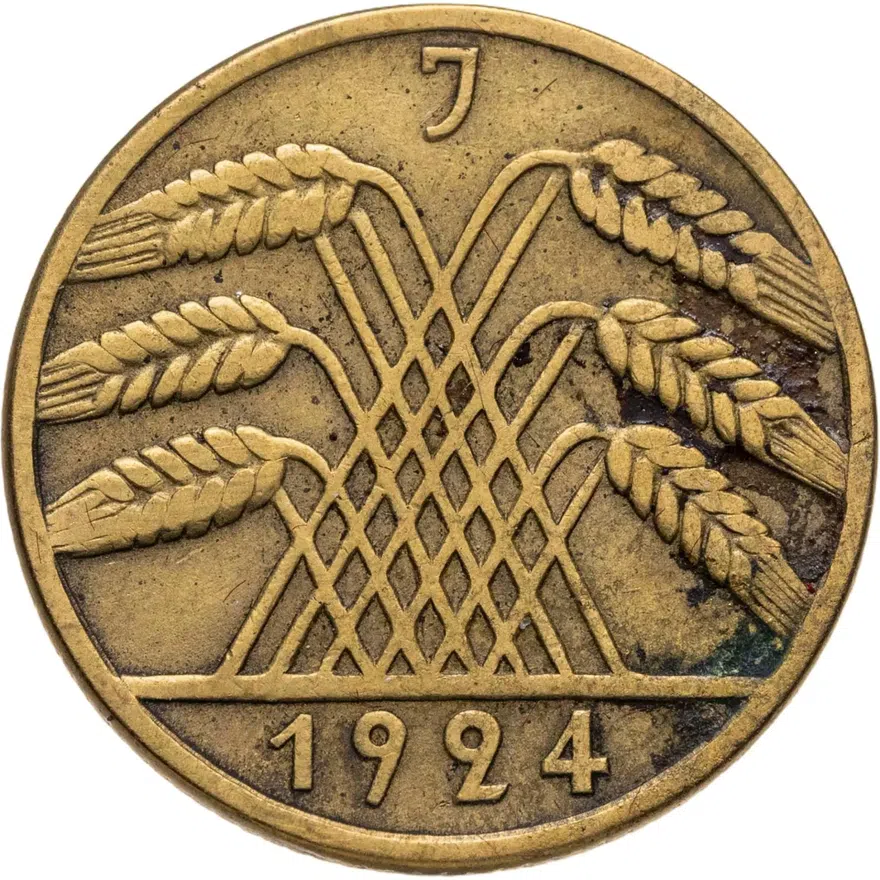 Германия 10 рейхспфеннигов (reichspfennig) 1924 J  знак монетного двора "J" — Гамбург