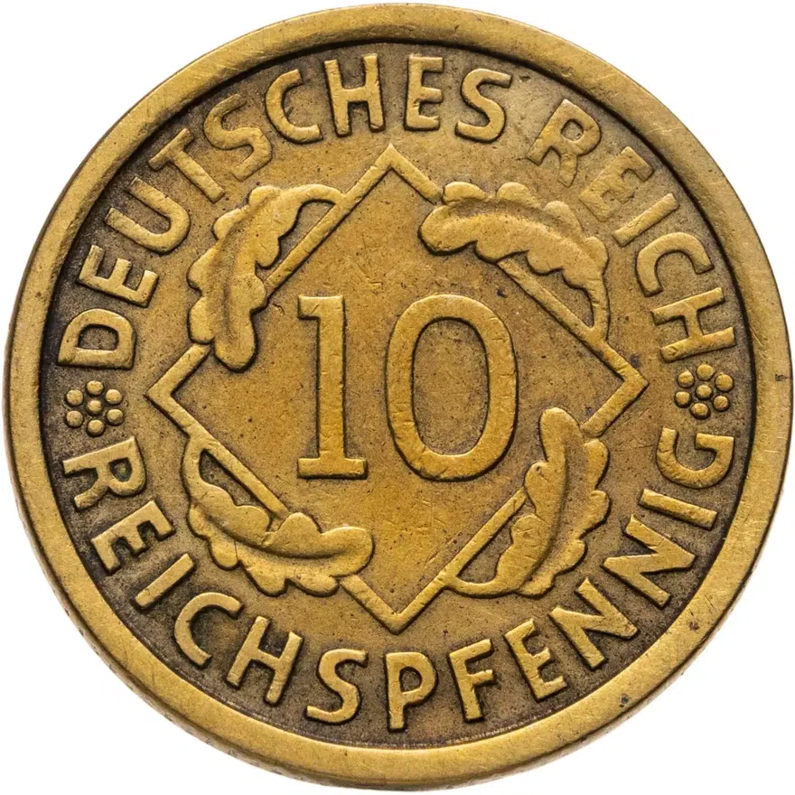 Германия 10 рейхспфеннигов (reichspfennig) 1924 J  знак монетного двора "J" — Гамбург, реверс