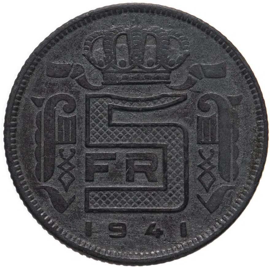 Бельгия 5 франков (francs) 1941  Надпись на голландском - 'DER BELGEN', реверс