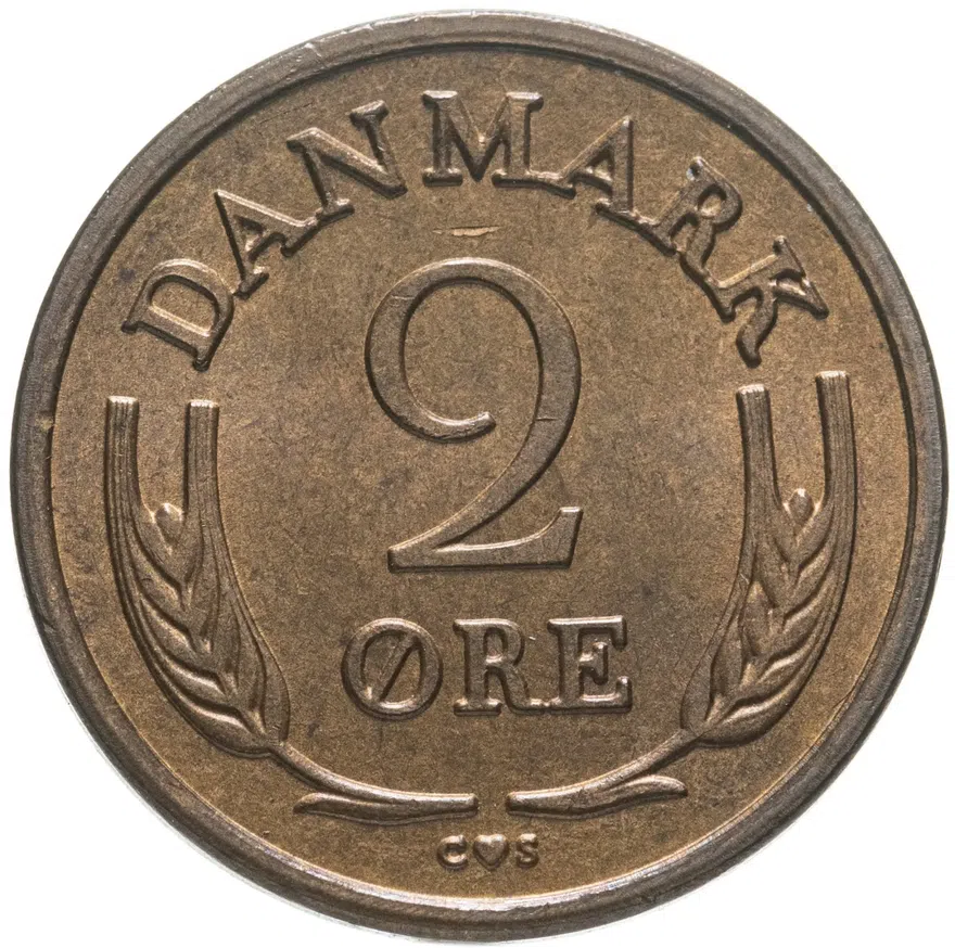 Дания 2 эре (ore) 1960  Бронза /коричневый цвет/, реверс