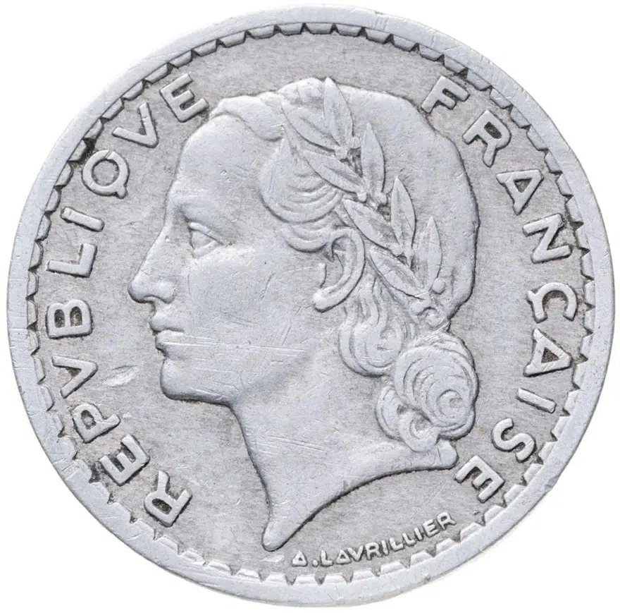 Франция 5 франков (francs) 1945  Алюминий /серый цвет/ Без отметки монетного двора, аверс