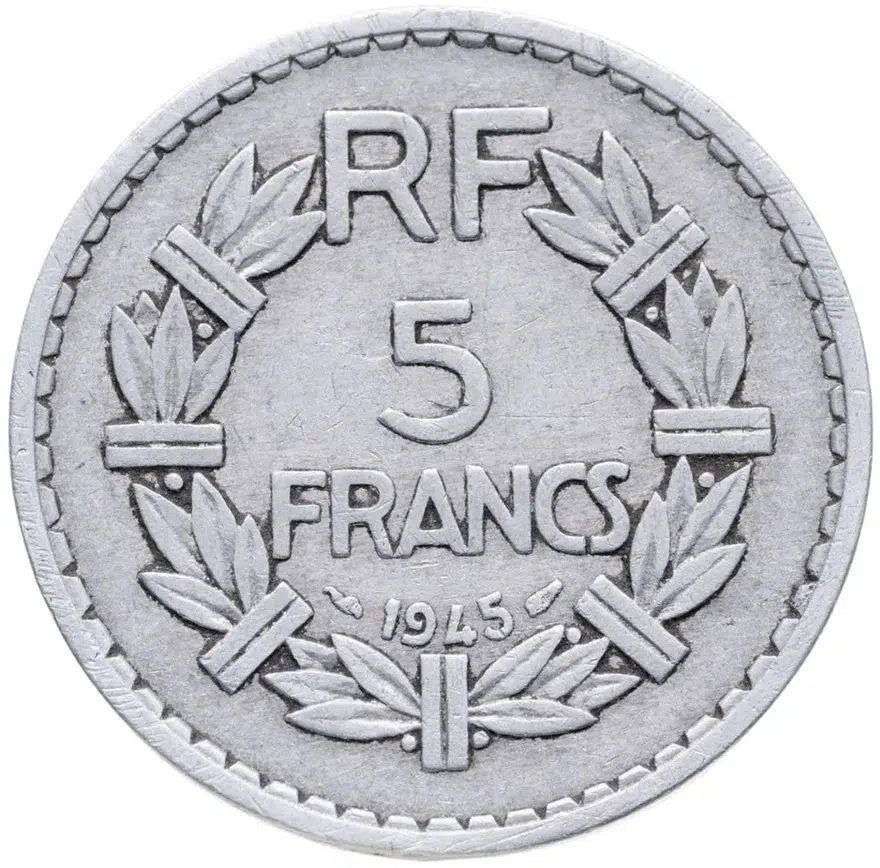 Франция 5 франков (francs) 1945  Алюминий /серый цвет/ Без отметки монетного двора, реверс