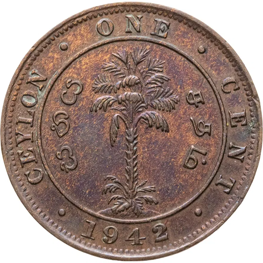 Цейлон 1 цент (cent) 1942  Бронза, 2.35 гр, толщина 0.87 мм