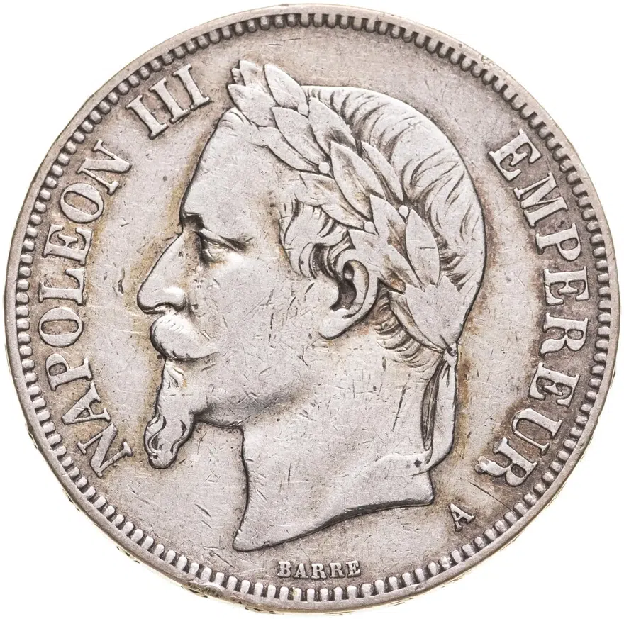 Франция 5 франков (francs) 1870 A  Наполеон III, знак монетного двора: "A" - Париж, аверс