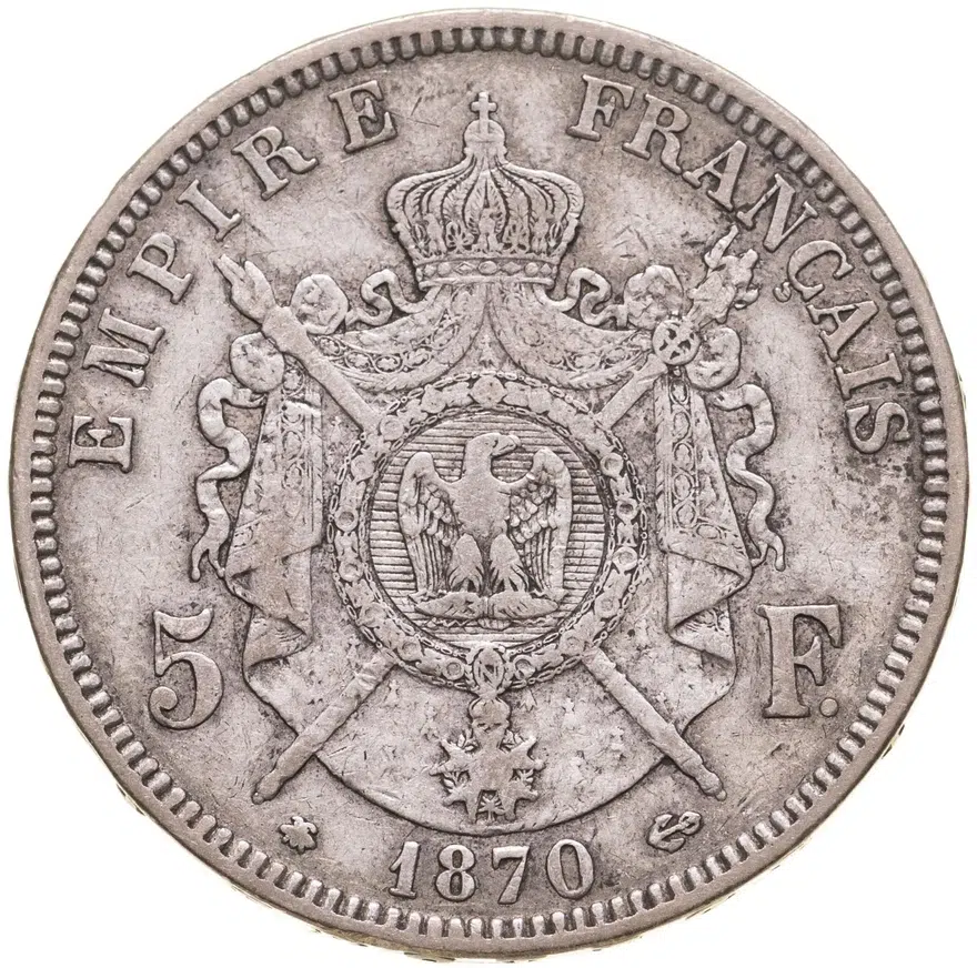 Франция 5 франков (francs) 1870 A  Наполеон III, знак монетного двора: "A" - Париж, реверс