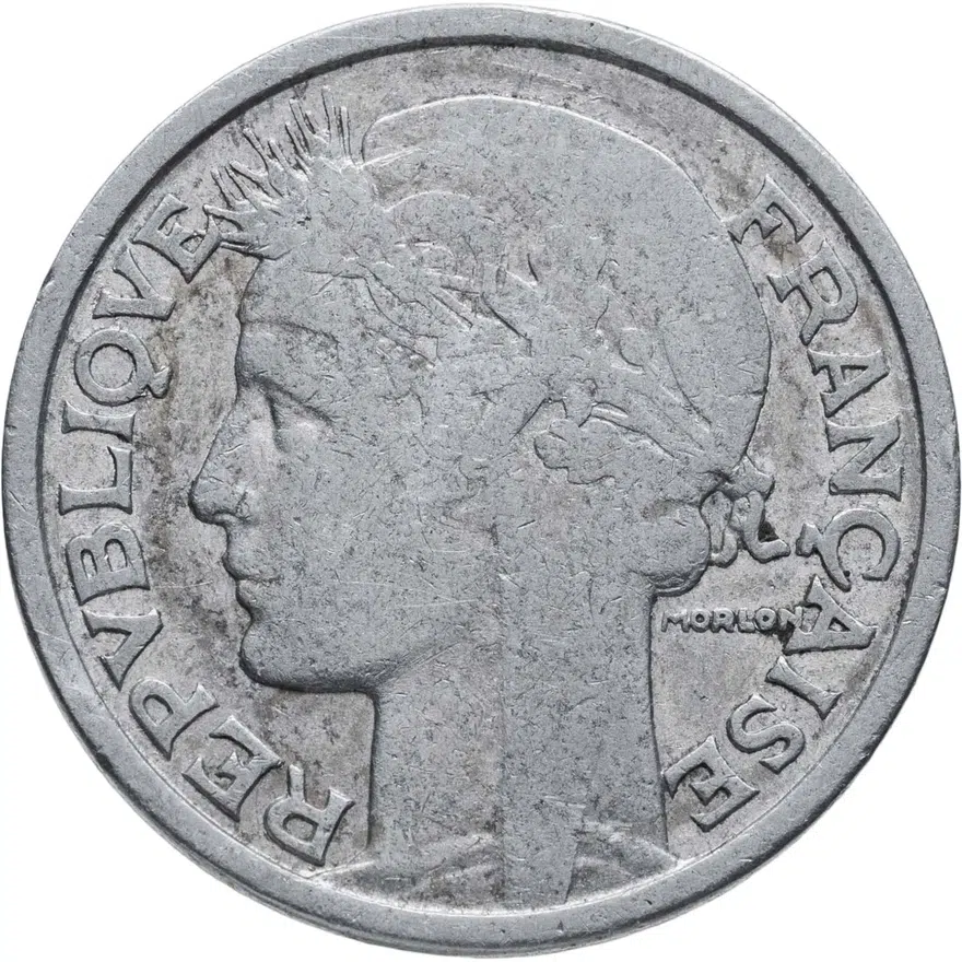 Франция 2 франка (francs) 1947 B  знак монетного двора: "B" -" Бомон-ле-Роже", аверс