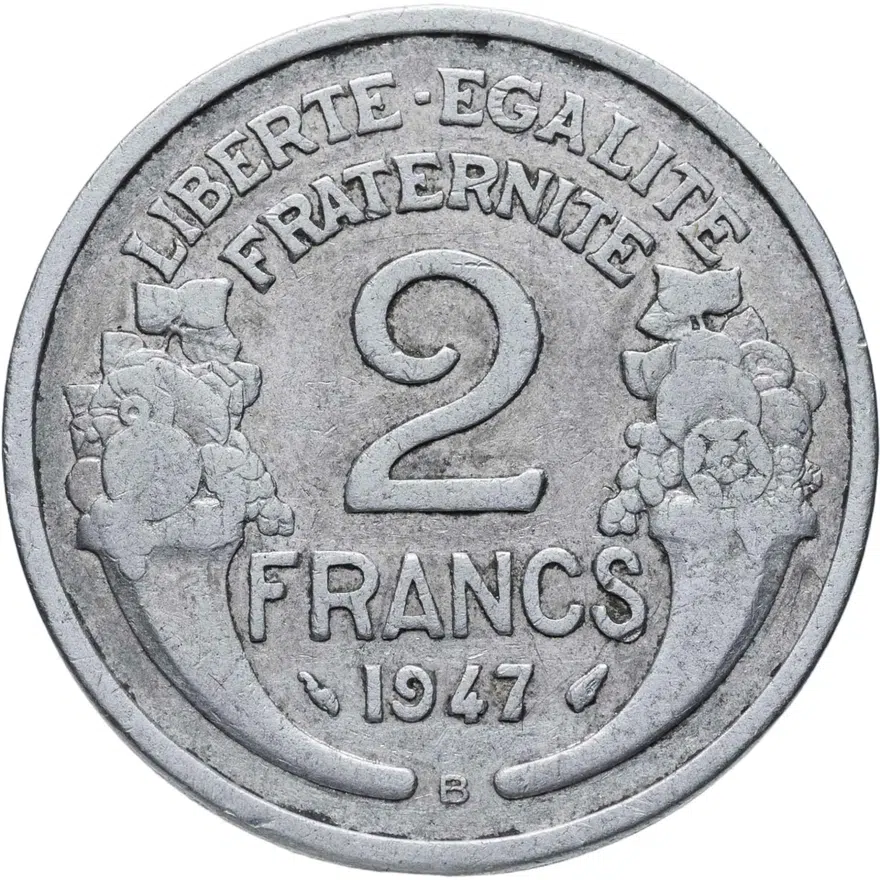 Франция 2 франка (francs) 1947 B  знак монетного двора: "B" -" Бомон-ле-Роже", реверс