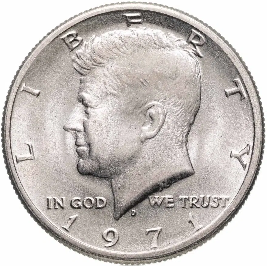 США 50 центов (1/2 доллара, half dollar) 1971 D Kennedy Half Dollar (Кеннеди) знак монетного двора "D" - Денвер, аверс