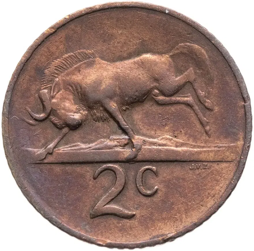 ЮАР 2 цента (cents) 1965  Надпись на языке африкаанс - "SUID-AFRIKA", реверс