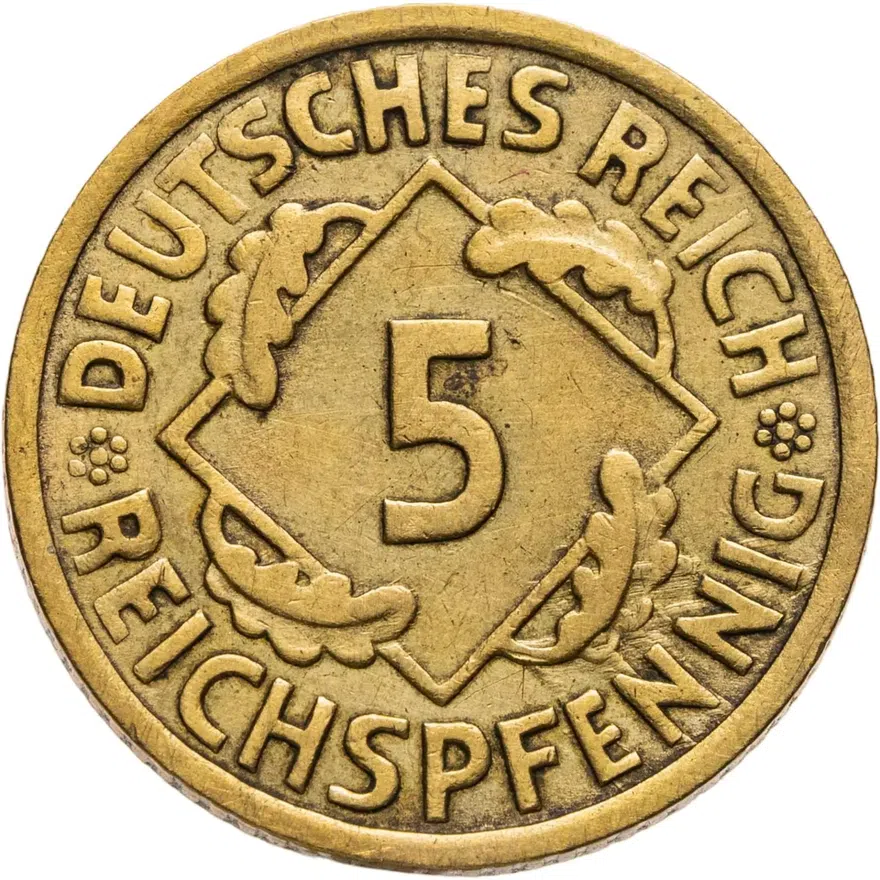 Германия 5 рейхспфеннигов (reichspfennig) 1926 E  знак монетного двора "E" — Мульденхюттен, реверс