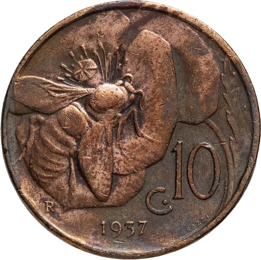Италия 10 чентезимо (centesimi) 1937  Старый реверс: Пчела, аверс