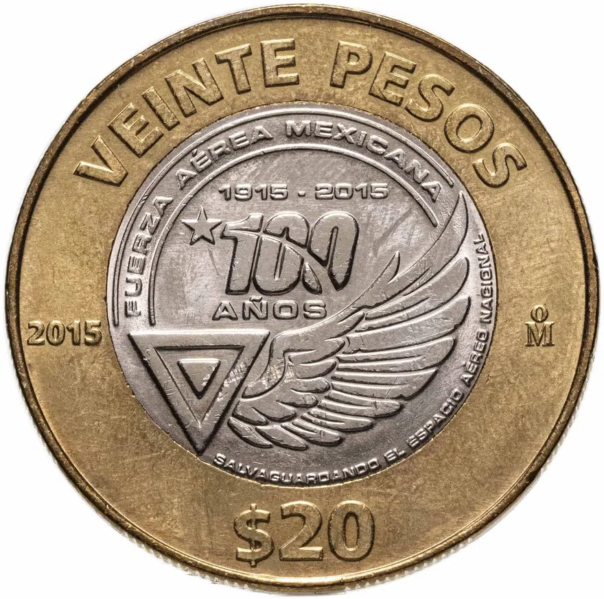 Мексика 20 песо (pesos) 2015  100 лет ВВС Мексики, реверс