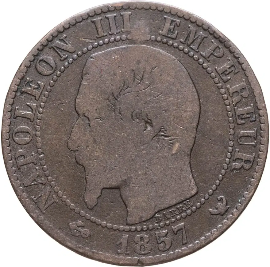Франция 5 сантимов (centimes) 1857 W  знак монетного двора: "W" - Лилль, аверс