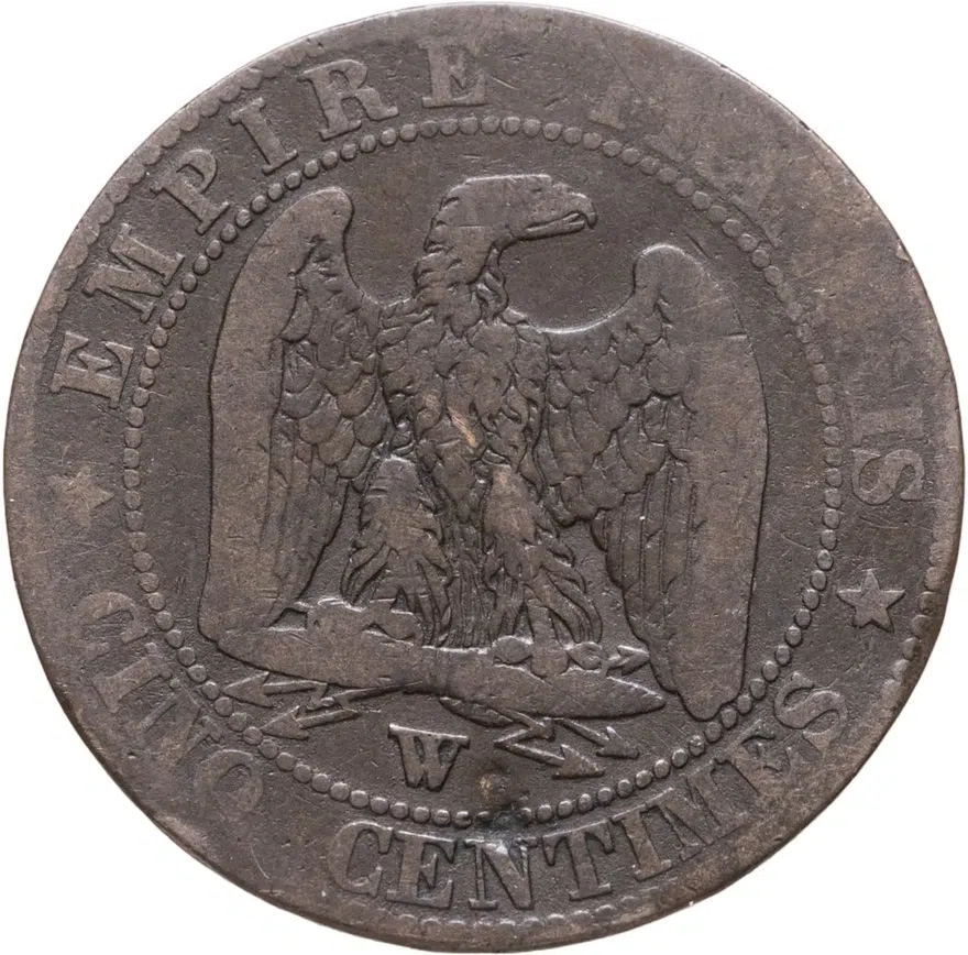 Франция 5 сантимов (centimes) 1857 W  знак монетного двора: "W" - Лилль, реверс