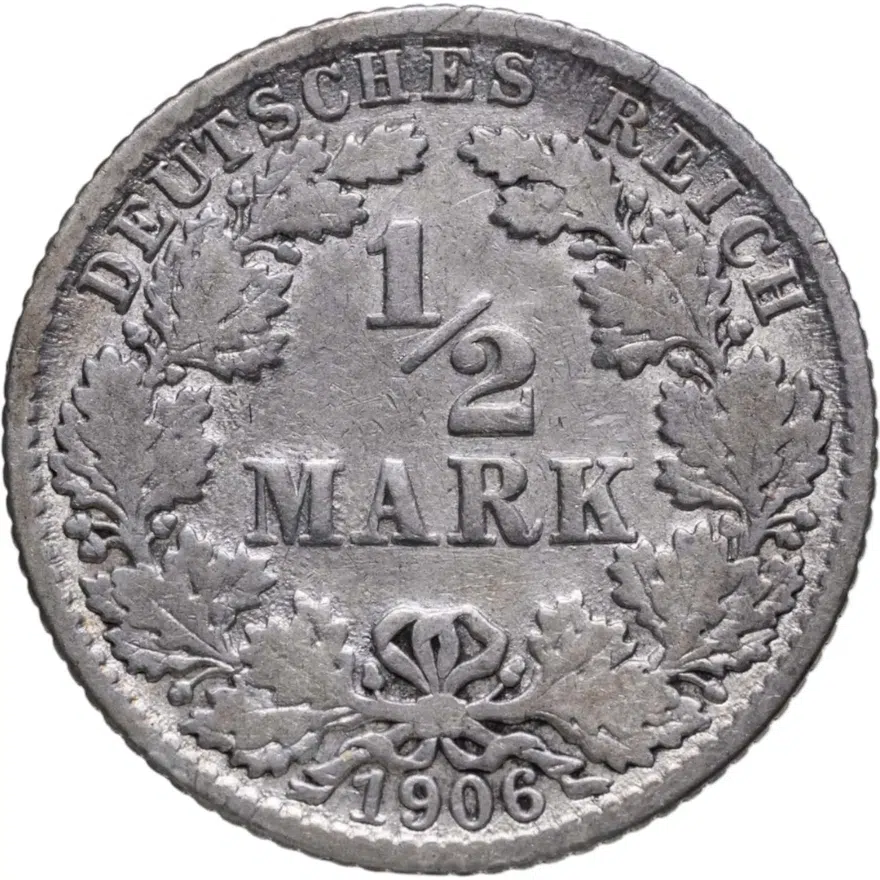 Германия (Германская Империя) 1/2 марки 1906 знак монетного двора: "J" - Гамбург, аверс