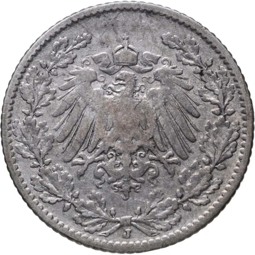 Германия (Германская Империя) 1/2 марки 1906 знак монетного двора: "J" - Гамбург, реверс