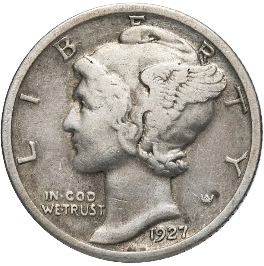 США 10 центов (дайм, one dime) 1927  Mercury Dime Без отметки монетного двора, аверс