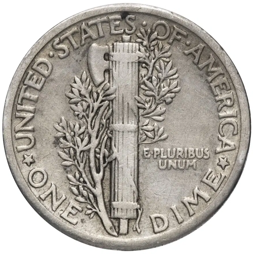США 10 центов (дайм, one dime) 1927  Mercury Dime Без отметки монетного двора, реверс