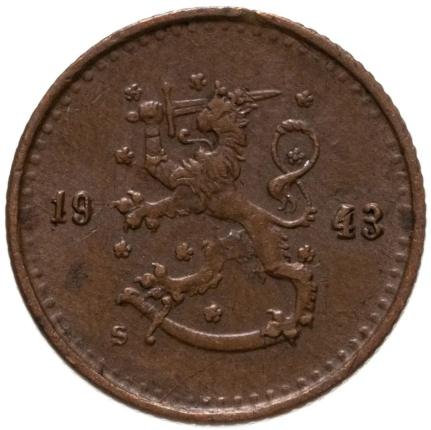Финляндия 25 пенни (pennia) 1943  Медь /коричневый цвет/, реверс
