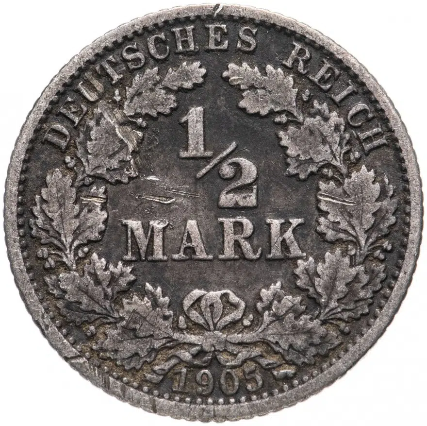 Германия (Германская Империя) 1/2 рейх марки 1905 "J", аверс