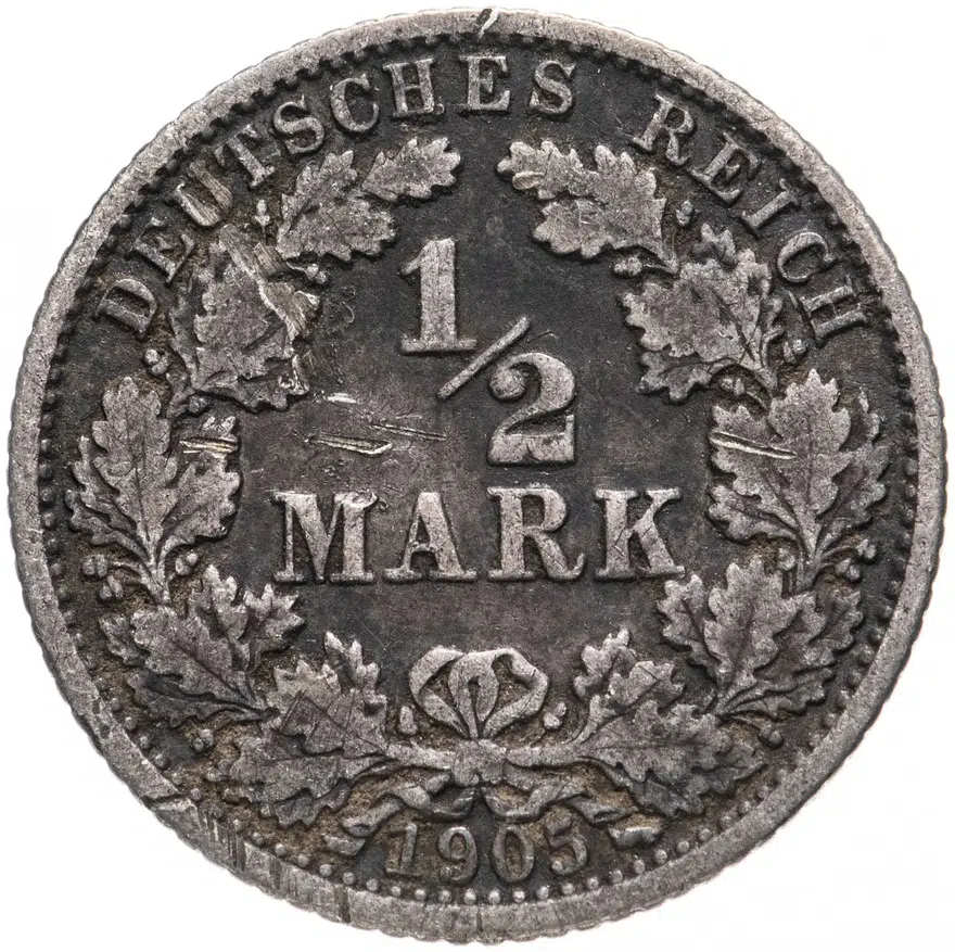 Германия (Германская Империя) 1/2 рейх марки 1905 "J", реверс