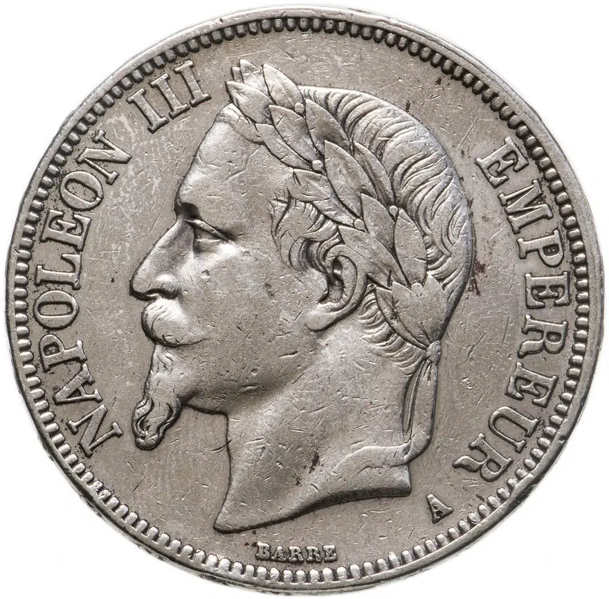 Франция 5 франков (francs) 1868 A Серебро /серый цвет/ знак монетного двора: "A" - Париж
