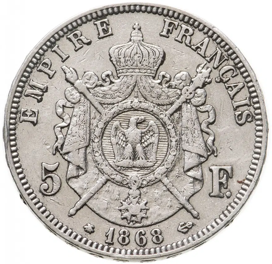 Франция 5 франков (francs) 1868 A Серебро /серый цвет/ знак монетного двора: "A" - Париж, реверс
