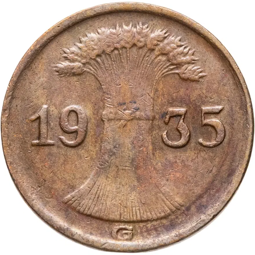 Германия 1 рейхспфенниг (reichspfennig) 1935 G  знак монетного двора "G" — Карлсруэ, реверс