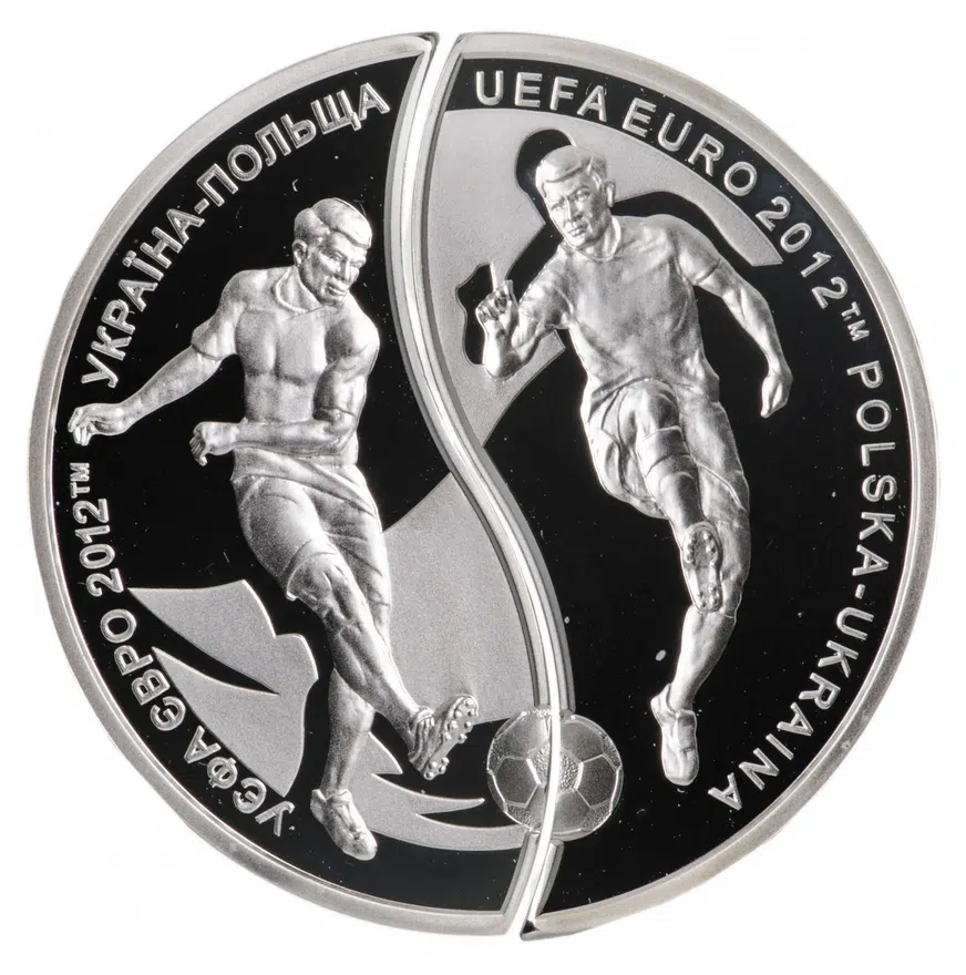 Украина-Польша монета из 2-х частей 10 гривен - 10 злотых  2012 "Чемпионат Европы по футболу 2012" в футляре, с сертификатом