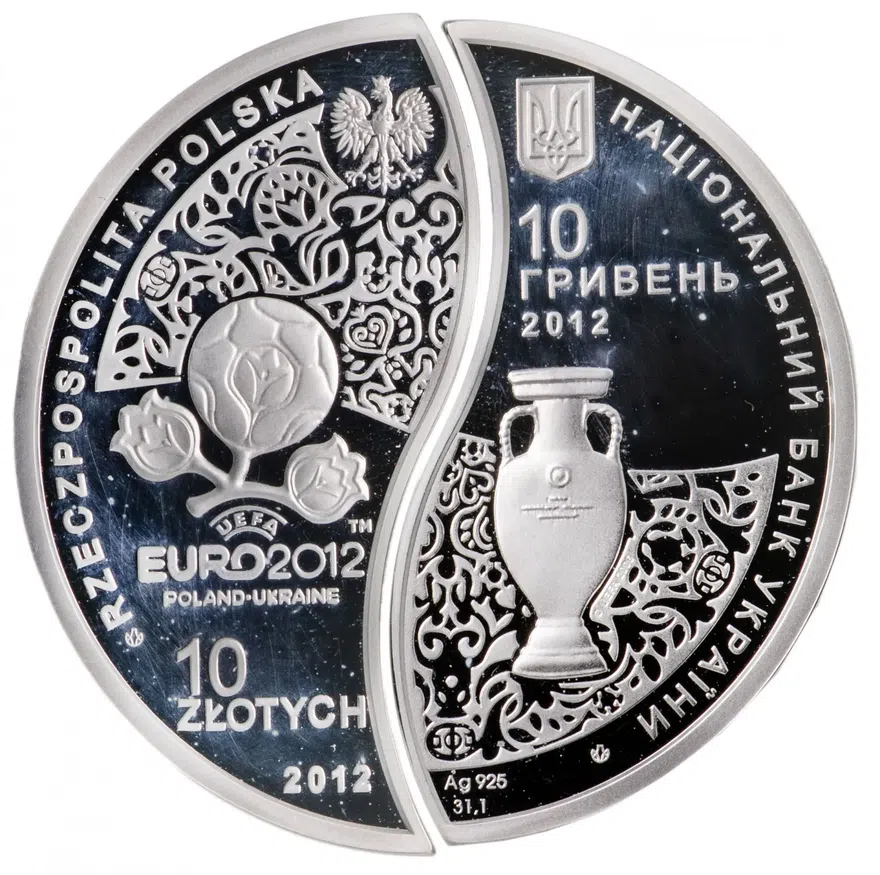 Украина-Польша монета из 2-х частей 10 гривен - 10 злотых  2012 "Чемпионат Европы по футболу 2012" в футляре, с сертификатом, реверс