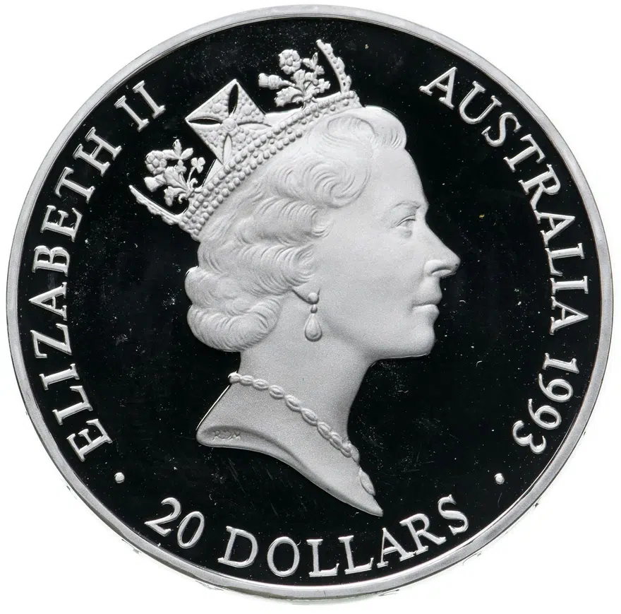 Австралия 20 долларов (dollars) 1993  "100 лет Олимпийским играм - пловцы", реверс