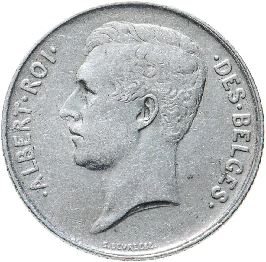 Бельгия 1 франк (franc) 1912  Надпись на французском- 'ALBERT ROI DES BELGES'