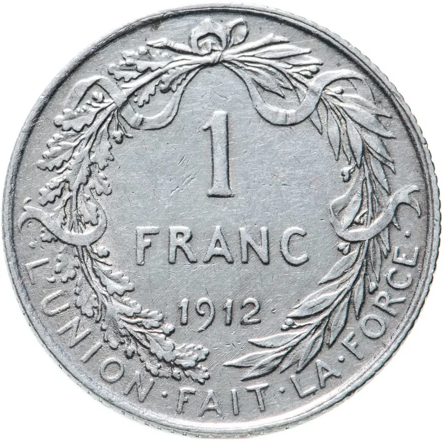 Бельгия 1 франк (franc) 1912  Надпись на французском- 'ALBERT ROI DES BELGES', реверс