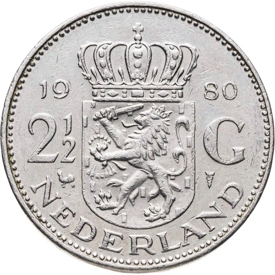 Нидерланды 2 1/2 гульдена (gulden) 1980, аверс