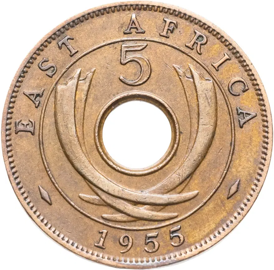 Британская Восточная Африка 5 центов (cents) 1955 KN  знак монетного двора: "KN" - Кингз Нортон Металл, Бирмингем, аверс