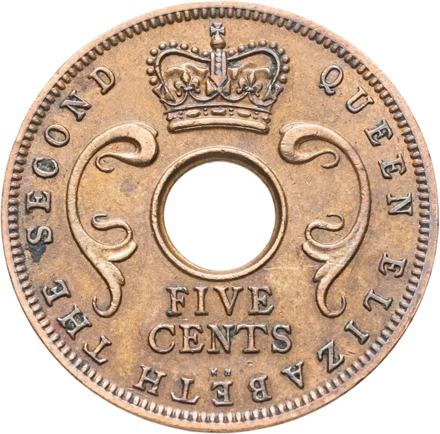 Британская Восточная Африка 5 центов (cents) 1955 KN  знак монетного двора: "KN" - Кингз Нортон Металл, Бирмингем, реверс