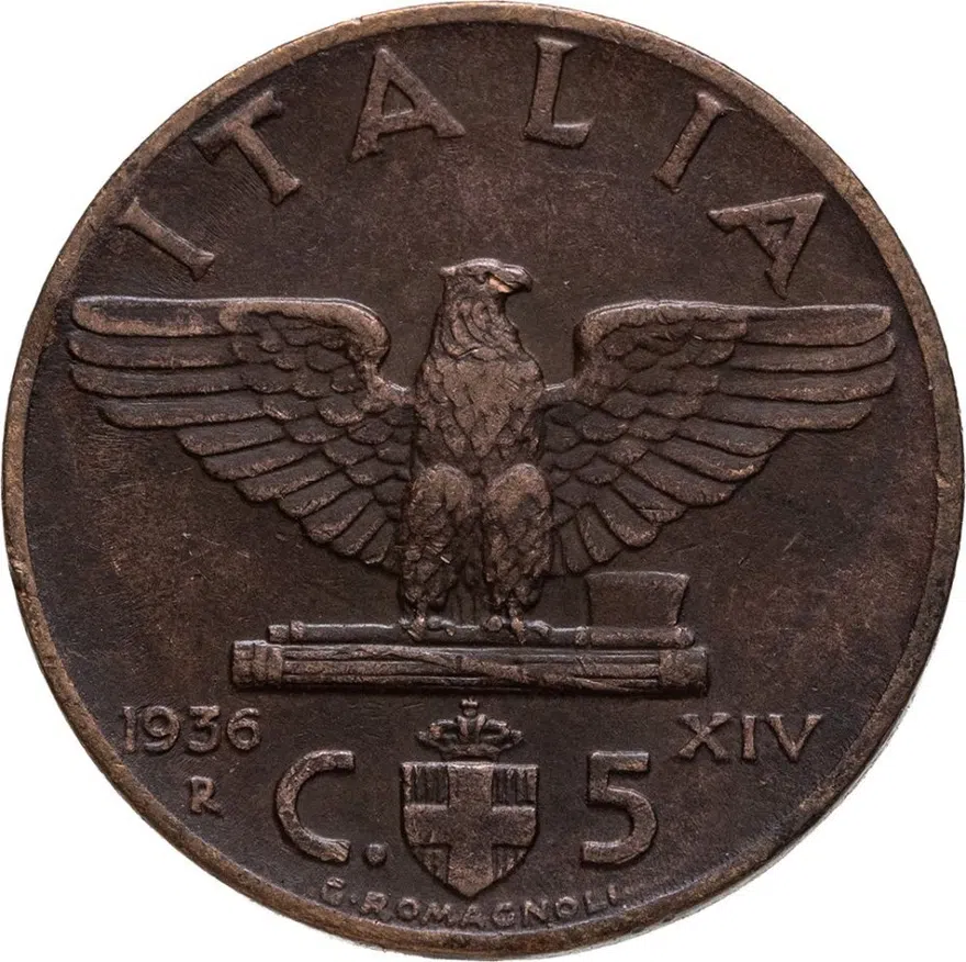 Италия 5 чентезимо (centesimi) 1936  Новый реверс: орел, реверс