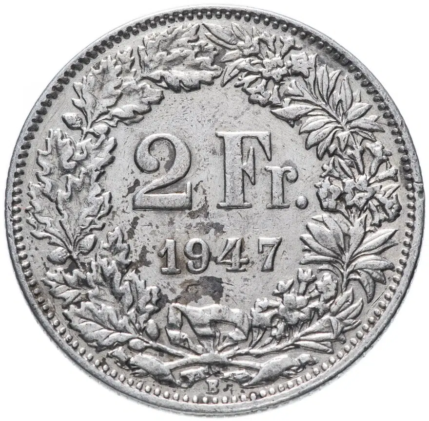 Швейцария 2 франка (francs) 1947, реверс