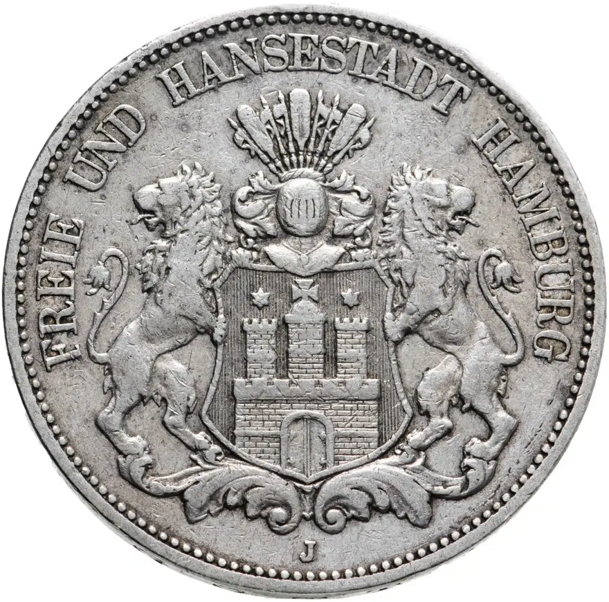 Германия (Империя), Гамбург 5 марок (mark) 1876 J