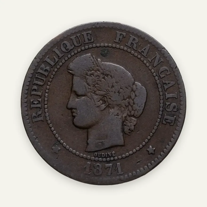 Франция 5 сантимов (centimes) 1871 A  знак монетного двора: "A" - Париж, аверс