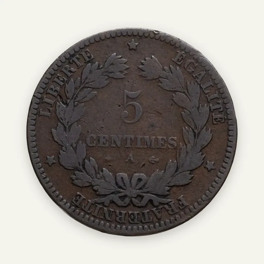 Франция 5 сантимов (centimes) 1871 A  знак монетного двора: "A" - Париж, реверс