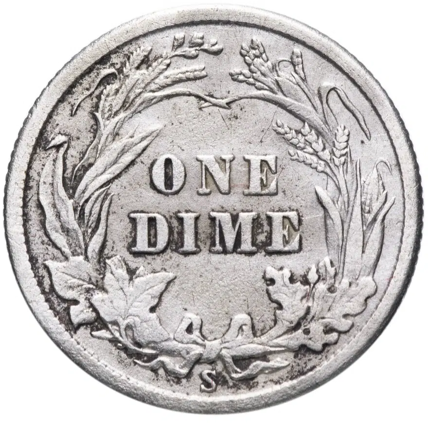 США 10 центов (дайм, one dime) 1916 S Barber Dime знак монетного двора: "S" - Сан-Франциско, реверс