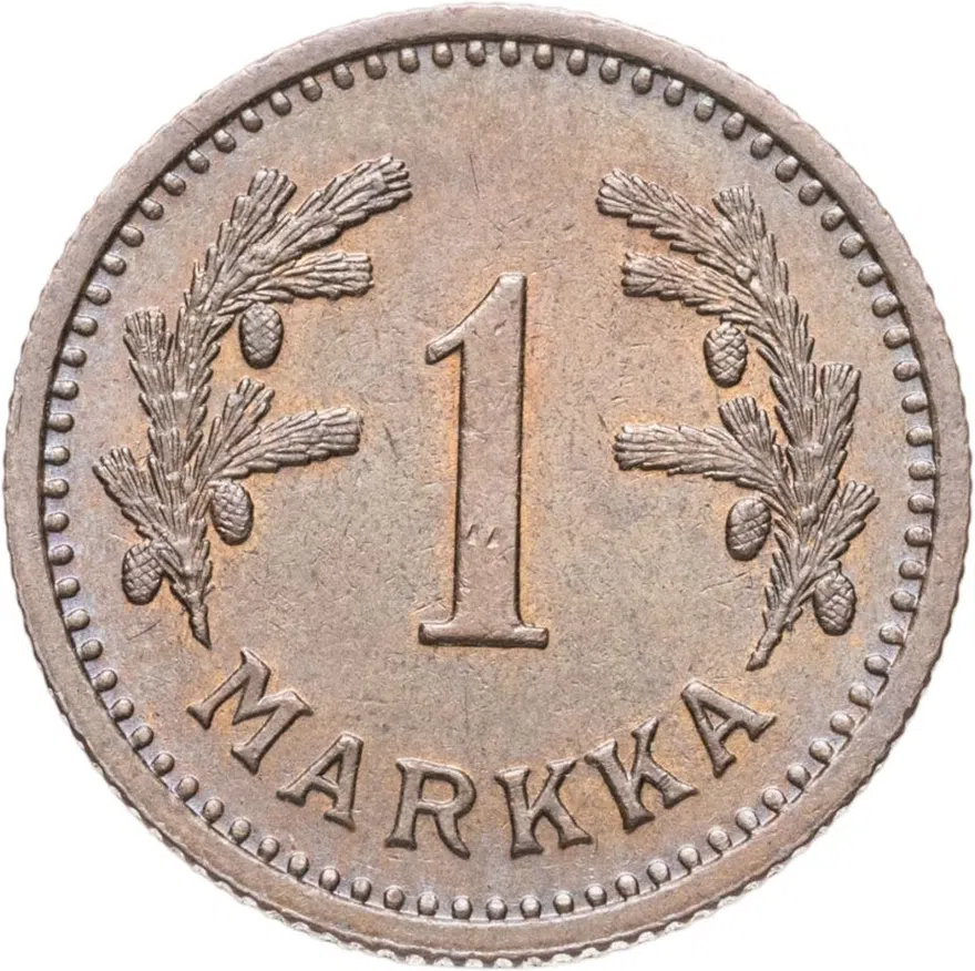 Финляндия 1 марка (markka) 1943  Медь /коричневый цвет/